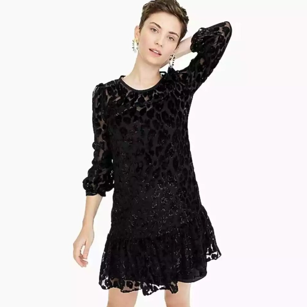 J.Crew Leopard Velvel Dress 6 Flutter Hem Burnout NWOT Black